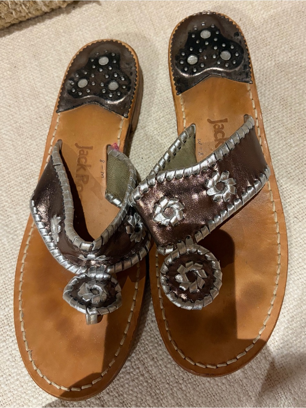 Jack Rogers bronze Metallic silver whipstitch Thong Sandals  leather sandal 8